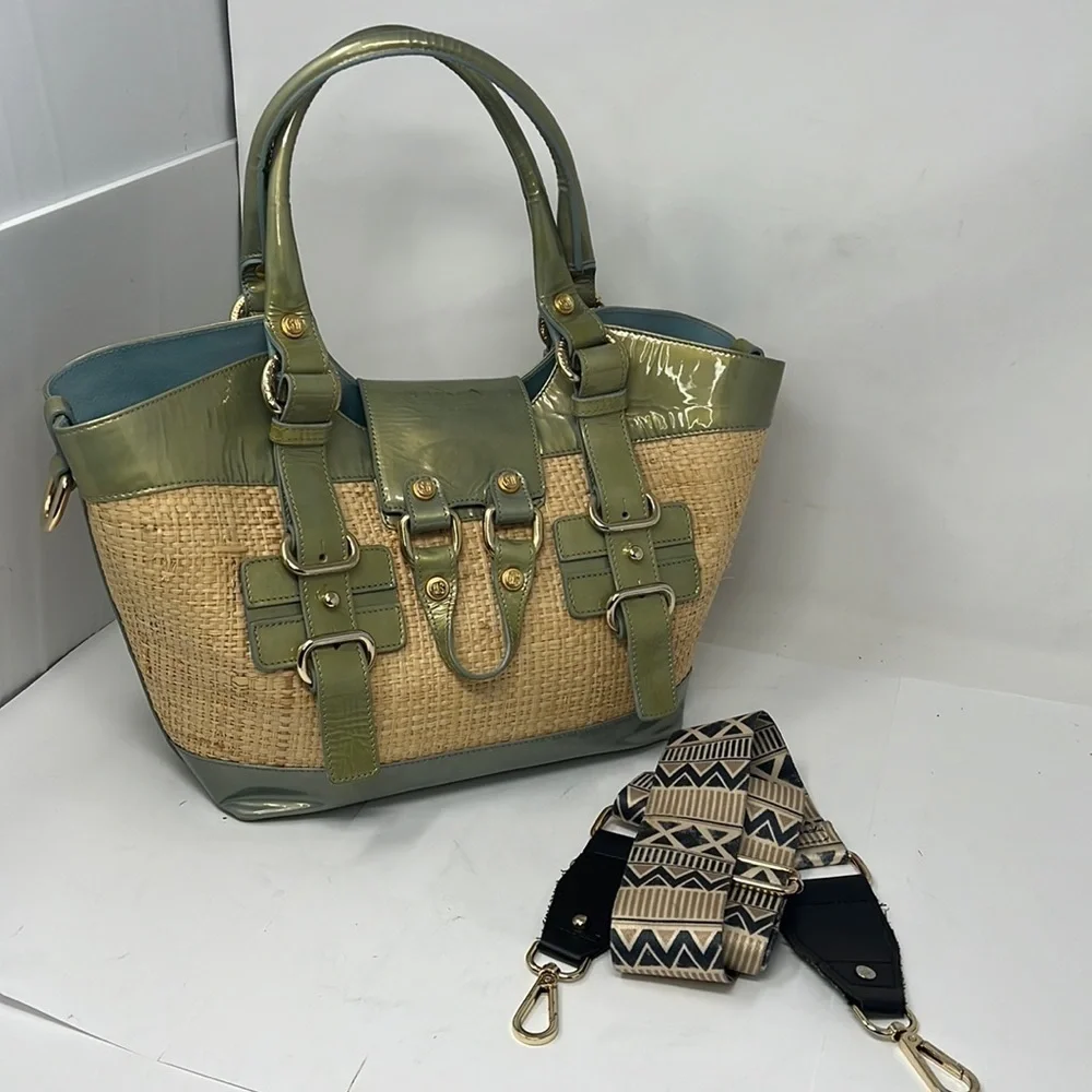 Stuart Weitzman Patent Leather and Raffia Woven Satchel w/ crossbody strap